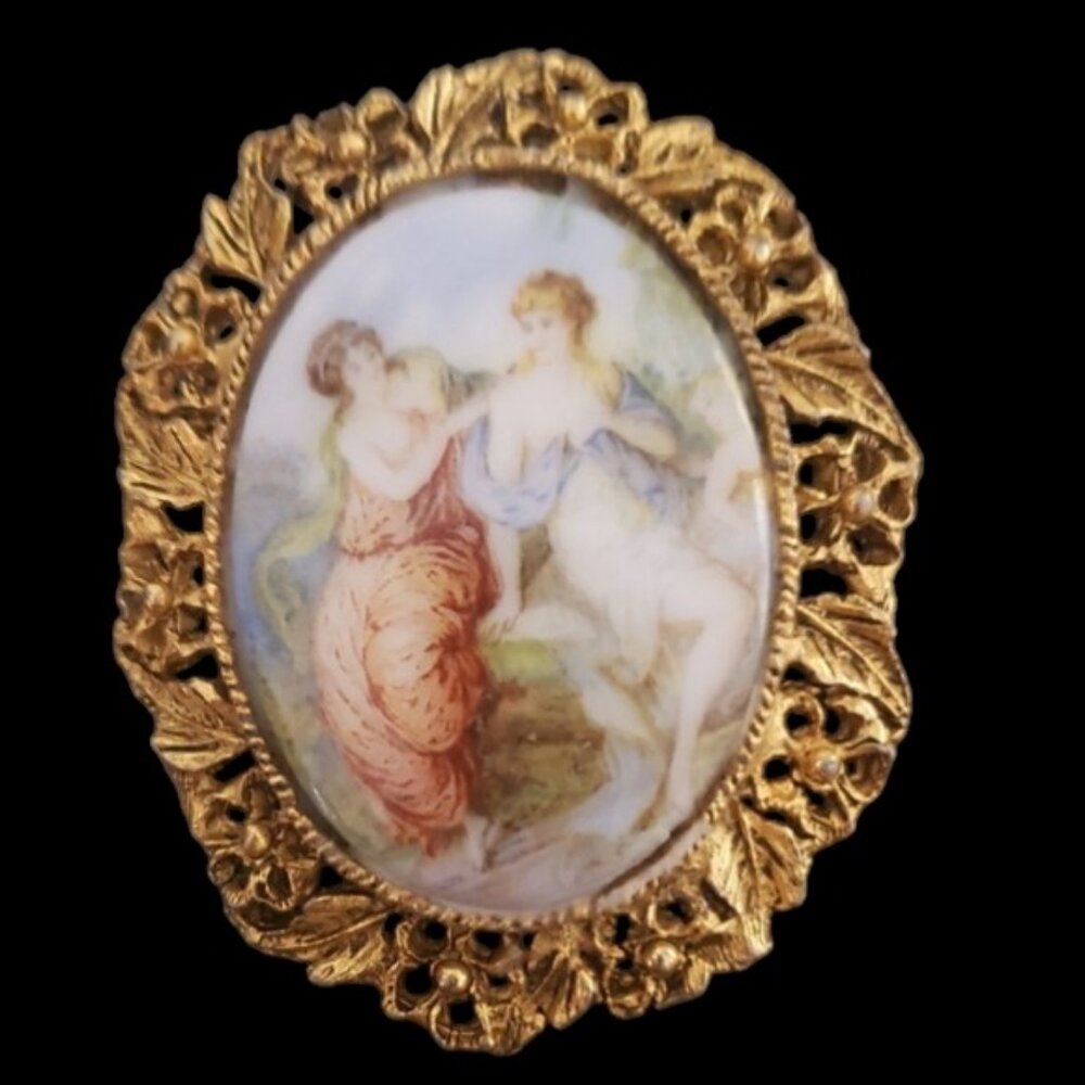 Porcelain Gold Tone Victorian Style Cameo Brooch